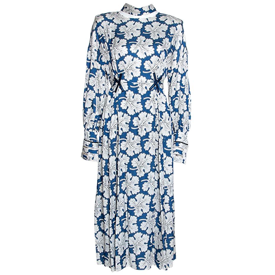 Fendi Blue Floral Printed Silk Cutout Detail Midi Dress M