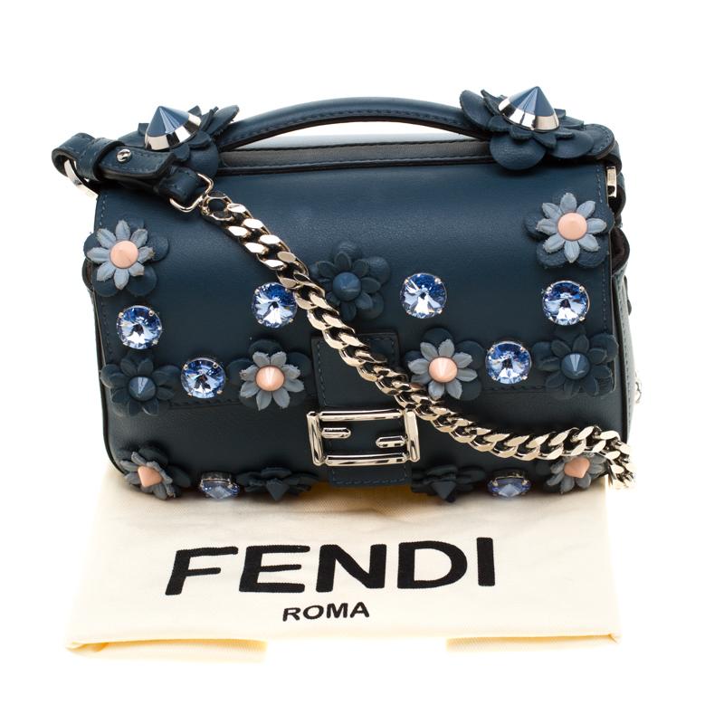 Fendi Blue Flowerland Leather Double Micro Baguette Bag 5