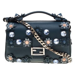 Fendi Blue Flowerland Leather Double Micro Baguette Bag