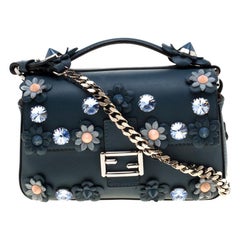 Fendi Blue Flowerland Leather Double Micro Baguette Bag