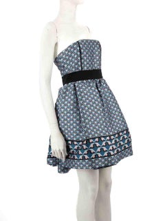 Fendi Blue Geometric Jacquard Strapless Mini Dress Size S