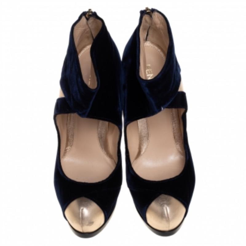 Women's Fendi Blue/Gold Leather And Velvet Ankle Booties Size 38.5 For Sale
