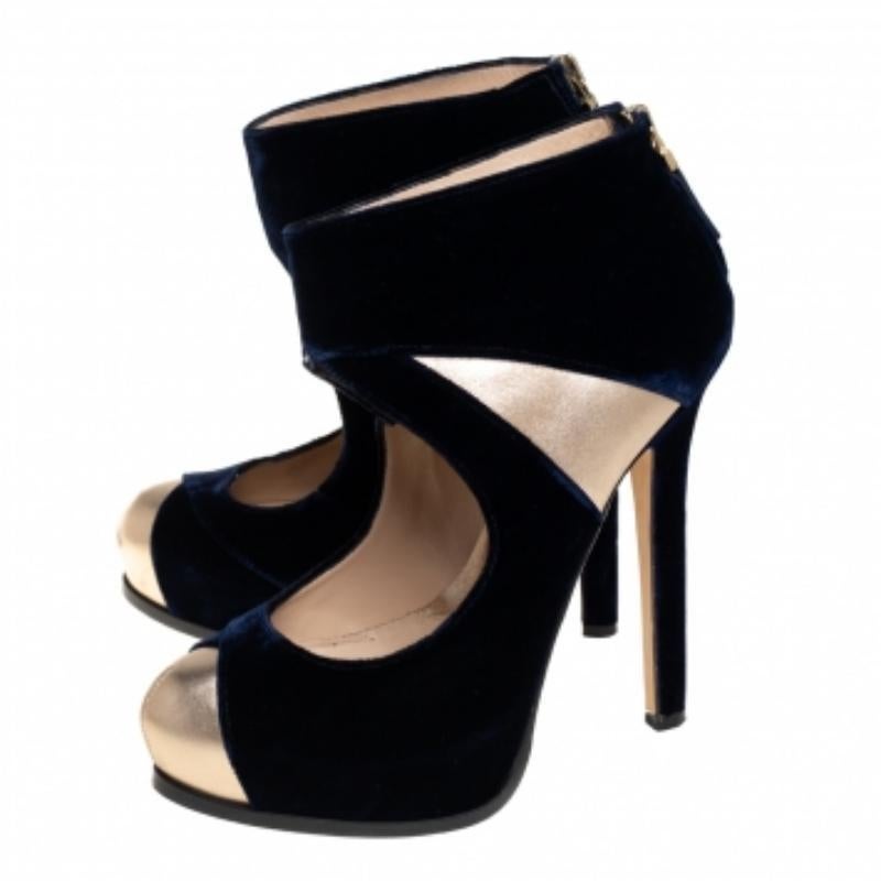 Fendi Blue/Gold Leather And Velvet Ankle Booties Size 38.5 For Sale 2