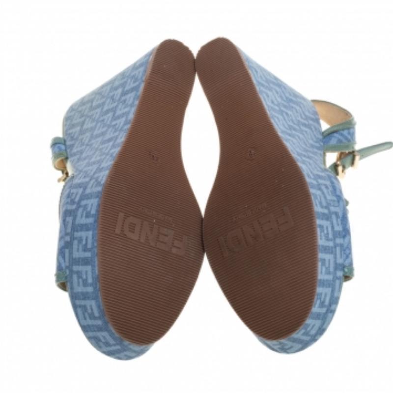 Gray Fendi Blue/Green Canvas And Patent Leather Wedge Sandals Size 38.5 For Sale
