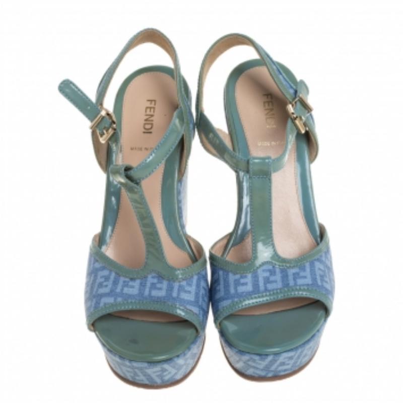 Fendi Blue/Green Canvas And Patent Leather Wedge Sandals Size 38.5 For Sale 1