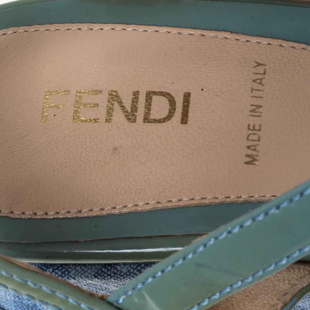 Gray Fendi Blue/Green Canvas And Patent Leather Wedge Sandals Size 38.5 For Sale