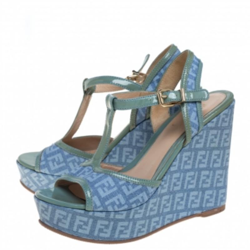 Fendi Blue/Green Canvas And Patent Leather Wedge Sandals Size 38.5 For Sale 3