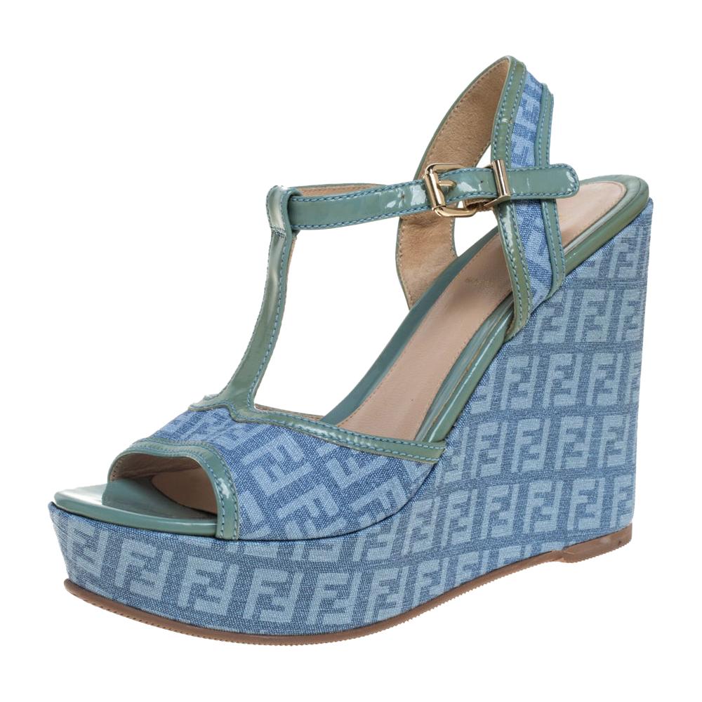 Fendi Blue/Green Canvas And Patent Leather Wedge Sandals Size 38.5 For Sale
