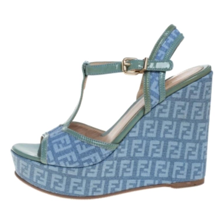 Fendi Blue/Green Canvas And Patent Leather Wedge Sandals Size 38.5