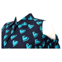 Fendi Blue Heart Print Silk Cold Shoulder Button-Up Long Sleeve Blouse