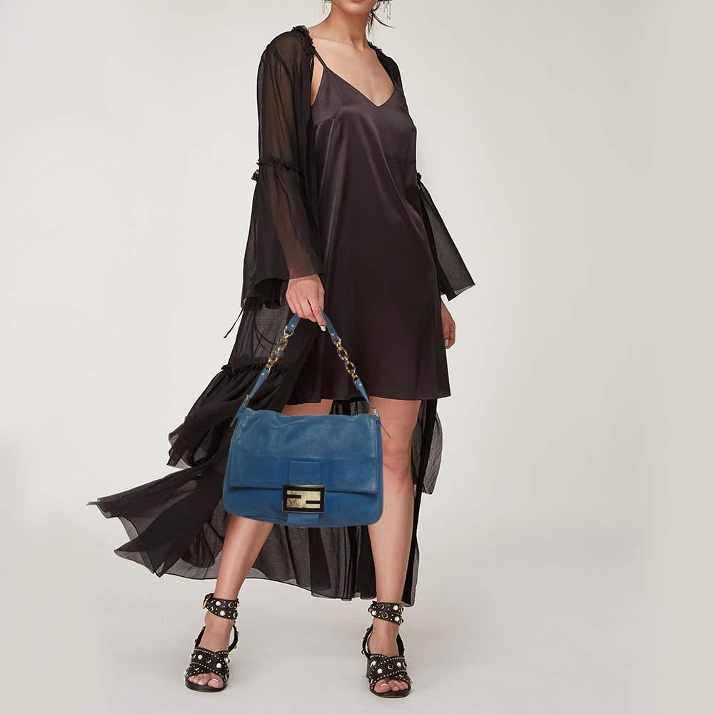 Fendi Blue Iridescent Leather Large Mama Forever Flap Shoulder Bag In Fair Condition For Sale In Dubai, Al Qouz 2