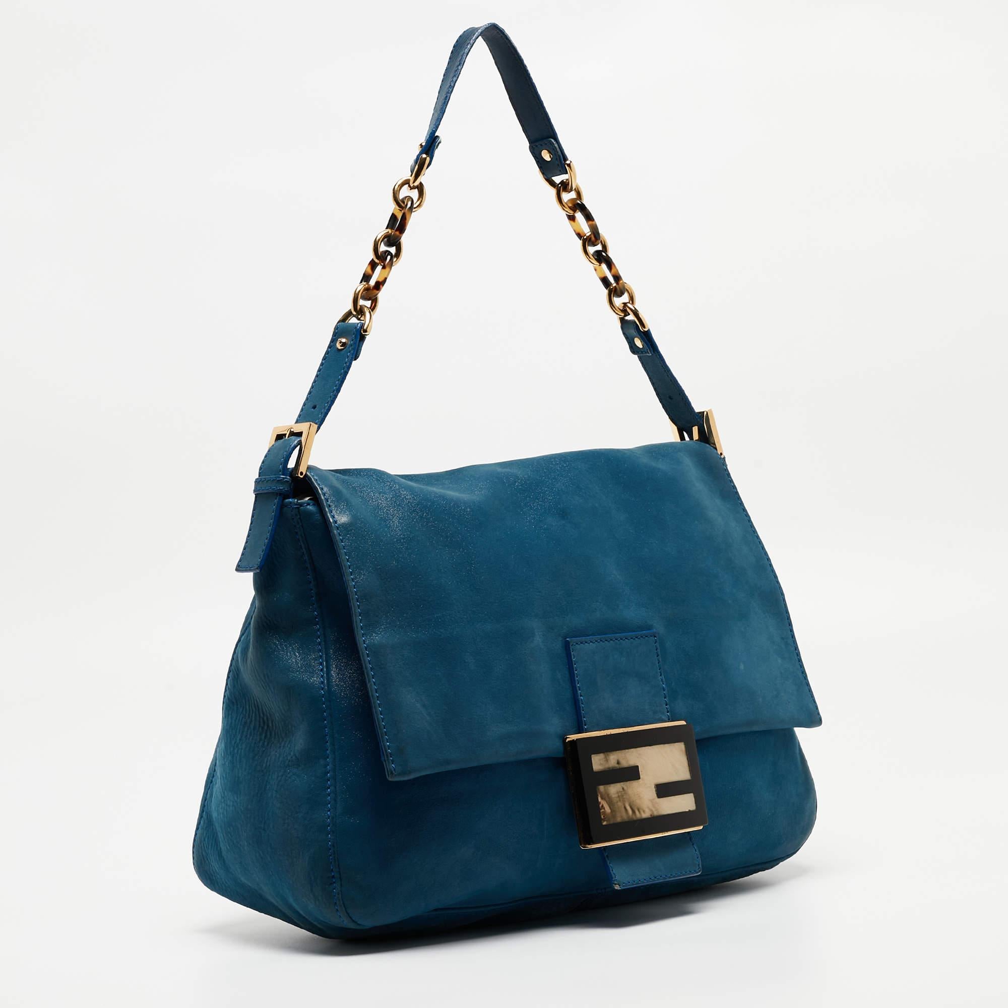 Women's Fendi Blue Iridescent Leather Large Mama Forever Flap Shoulder Bag For Sale