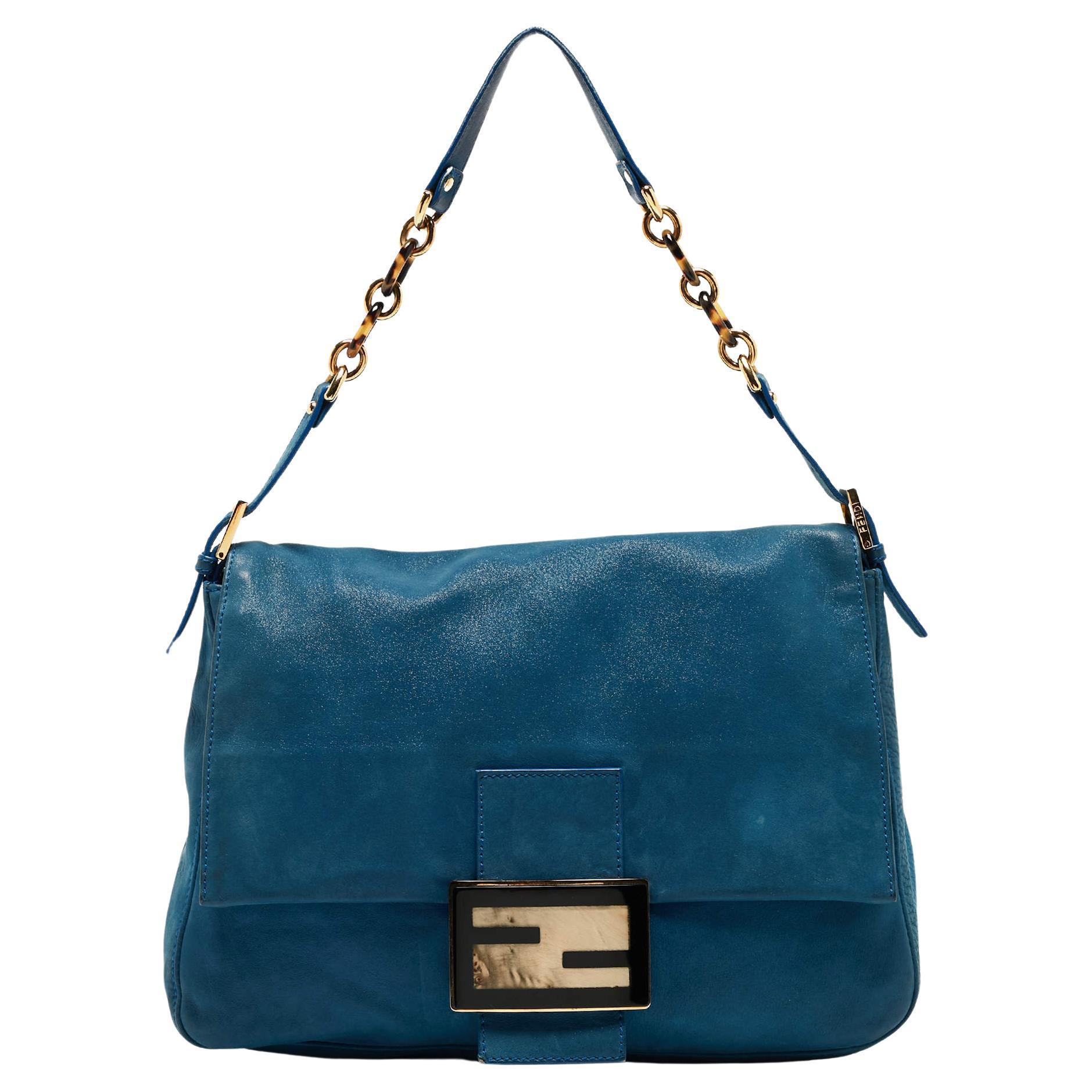 Fendi Blue Iridescent Leather Large Mama Forever Flap Shoulder Bag For Sale