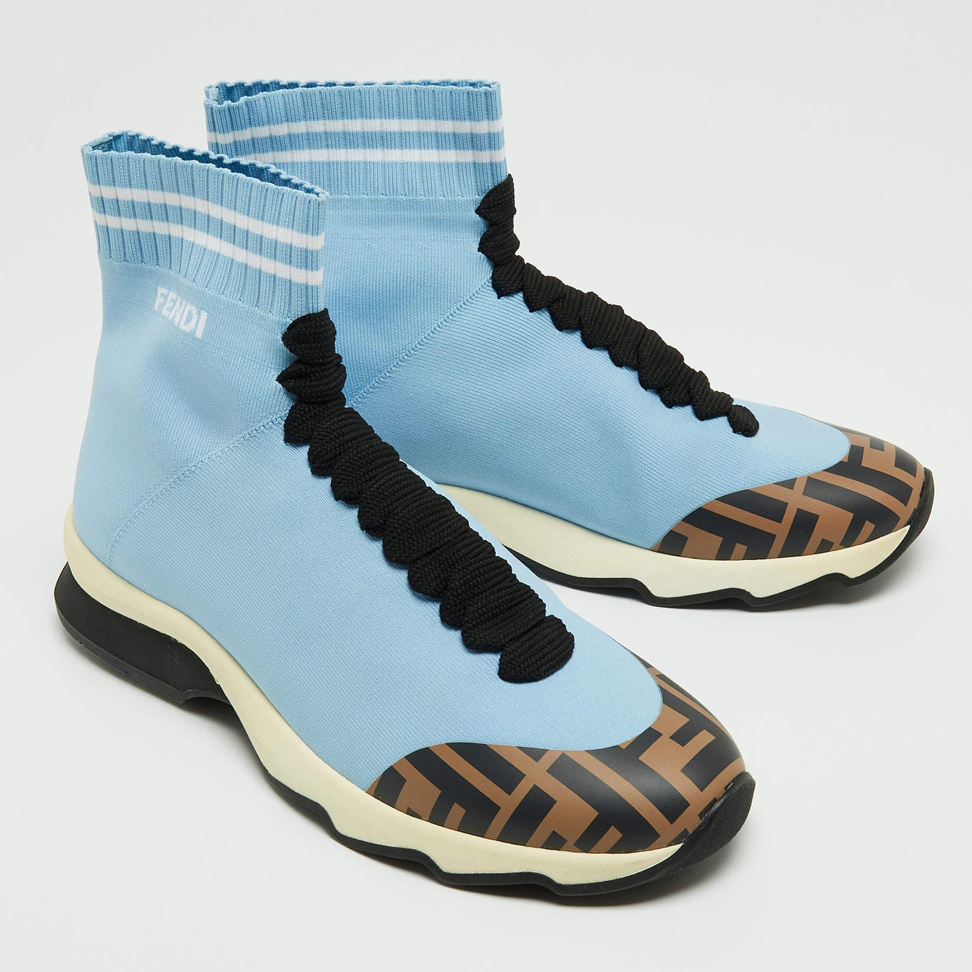 Fendi Blue Knit Fabric Sock High Top Sneakers Size 38 In Good Condition In Dubai, Al Qouz 2