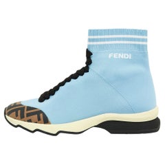 Used Fendi Blue Knit Fabric Sock High Top Sneakers Size 38