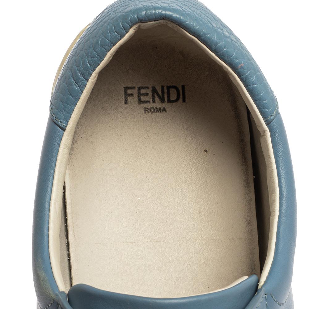 Gray Fendi Blue Leather And Cotton Knit Logo Slip On Sneakers Size 40