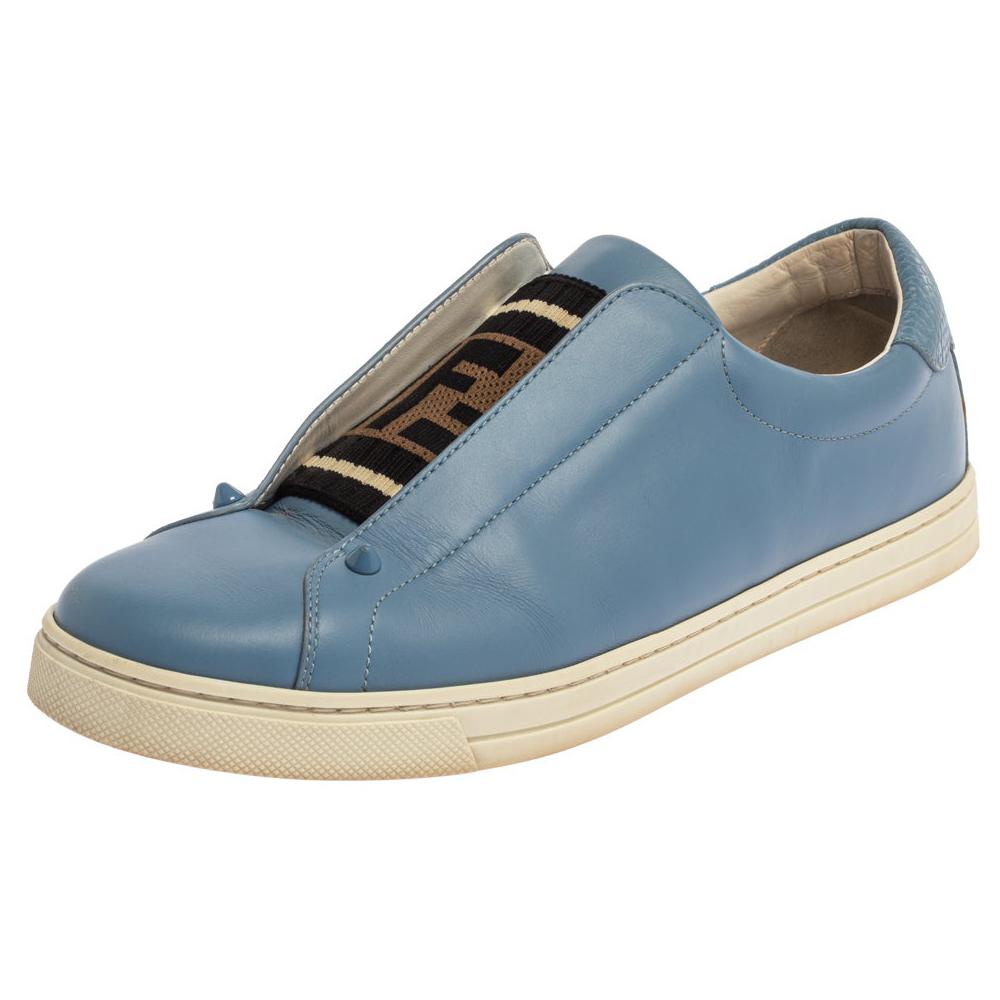 Fendi Blue Leather And Cotton Knit Logo Slip On Sneakers Size 40
