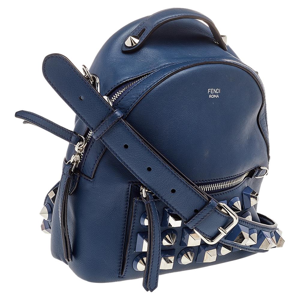 Fendi Blue Leather Backpack Studded Shoulder Bag 5