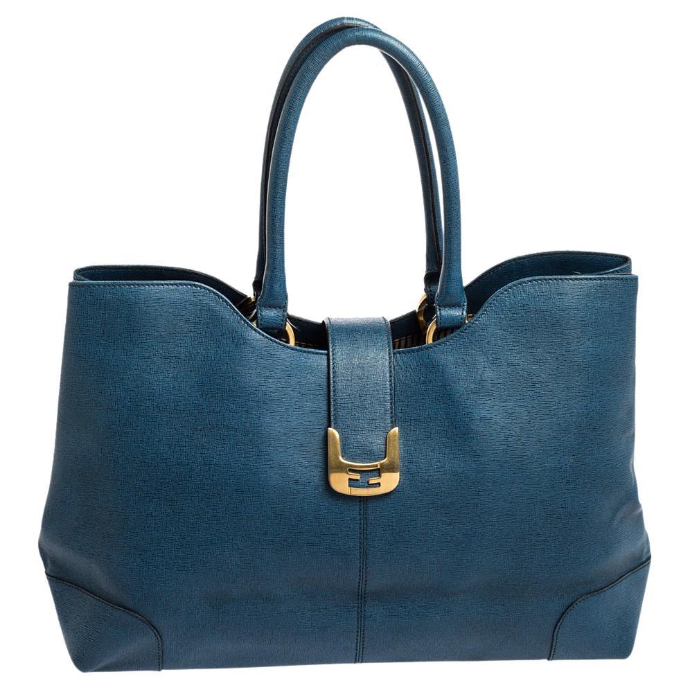 Fendi Blue Leather Chameleon Shopping Tote