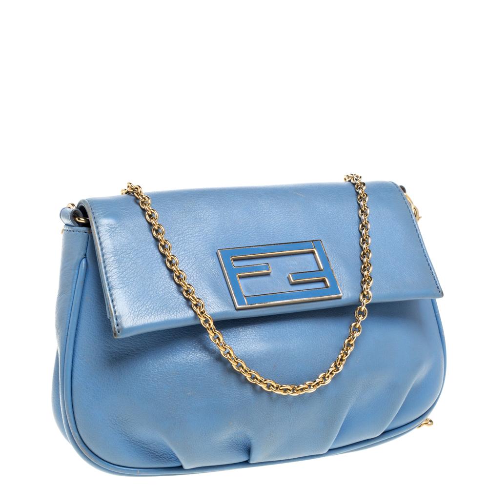 Fendi Blue Leather Fendista Chain Shoulder Bag In Good Condition In Dubai, Al Qouz 2