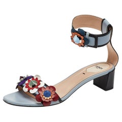 Fendi Blue Leather Flowerland Colorblock Ankle Strap Sandals Size 38.5