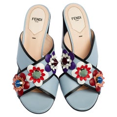 Fendi Blue Leather Flowerland Mule Sandals Size 39