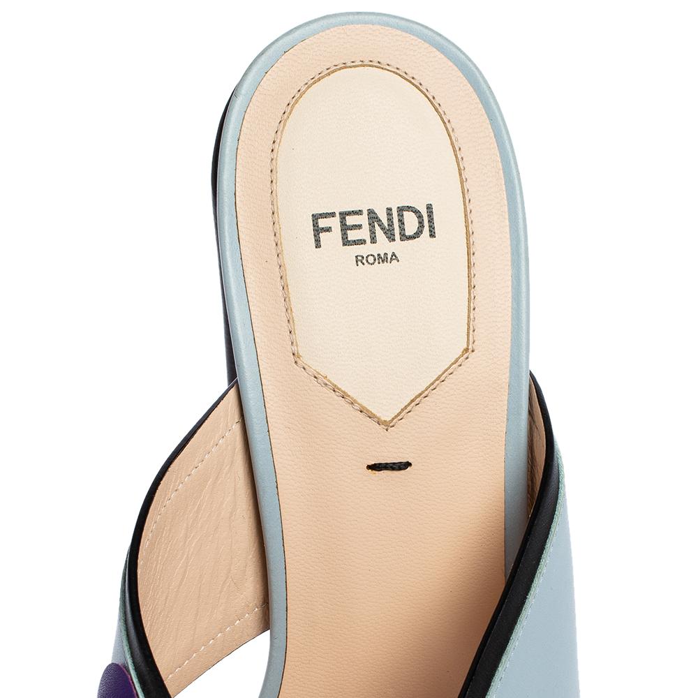 Fendi Blue Leather Flowerland Mule Sandals Size 39 In New Condition In Dubai, Al Qouz 2