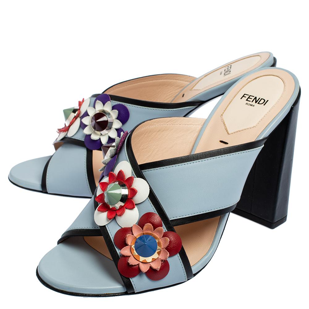 Women's Fendi Blue Leather Flowerland Mule Sandals Size 39