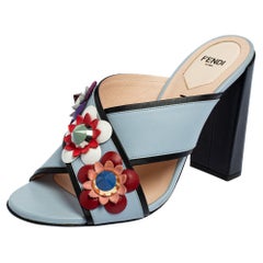 Fendi Blue Leather Flowerland Mule Sandals Size 39