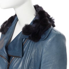 FENDI blue leather fur flower petal collar dual zip belted biker jacket IT40 S