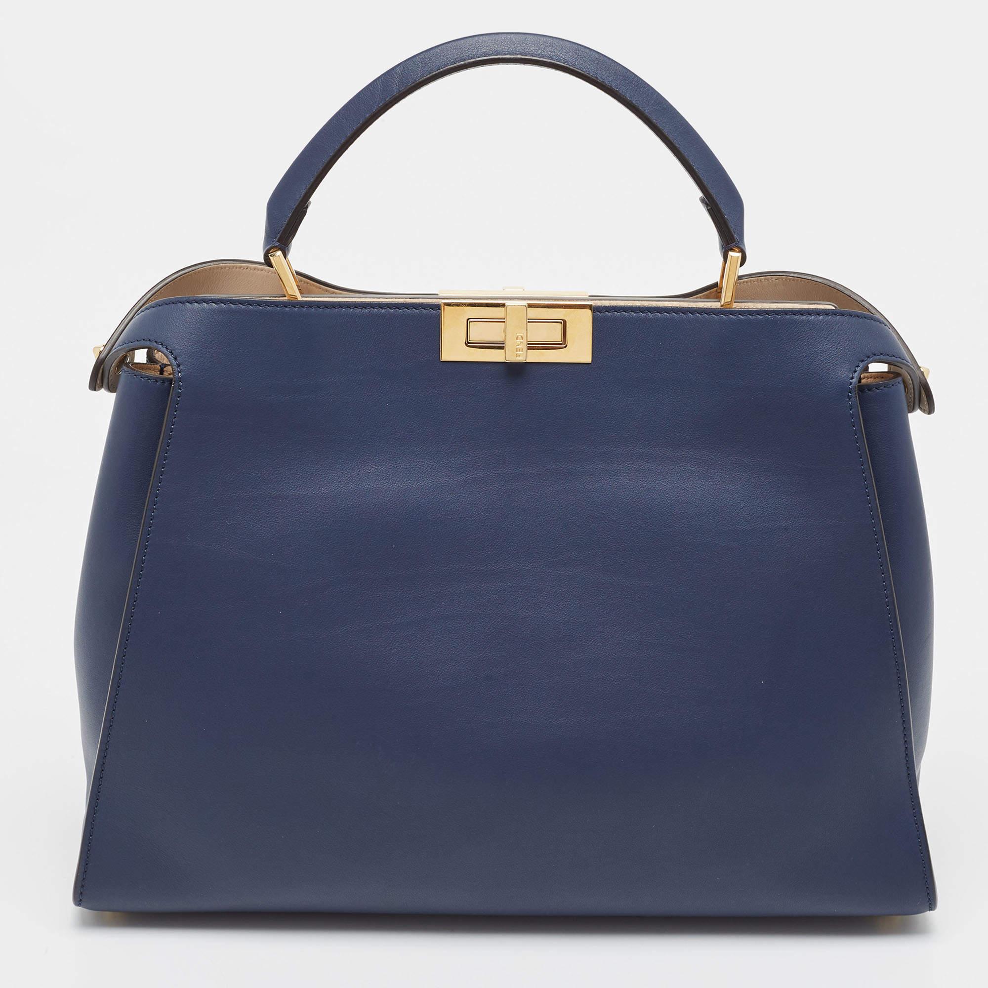 Fendi Blue Leather Large Peekaboo Top Handle Bag 6