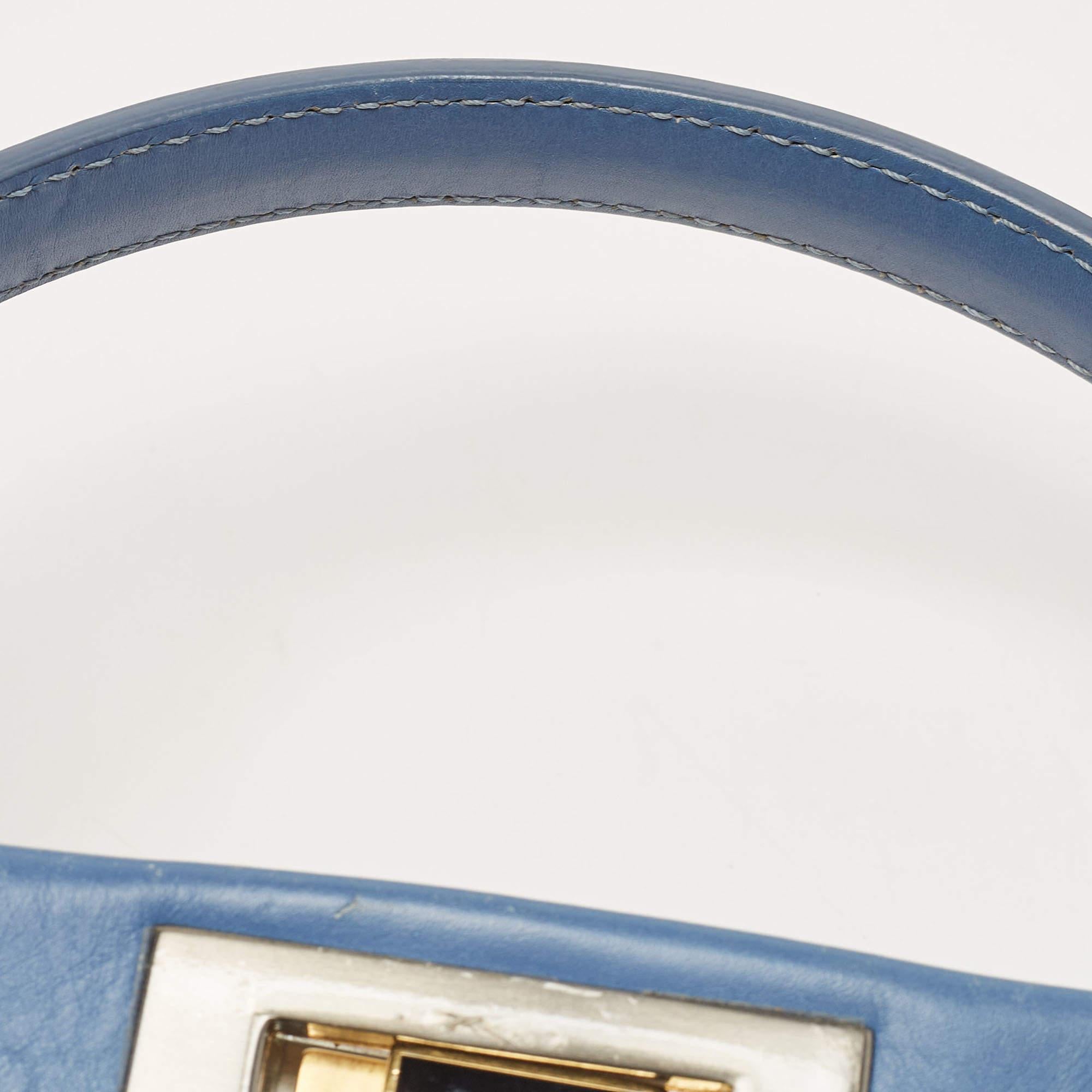 Fendi Blue Leather Large Peekaboo Top Handle Bag For Sale 12