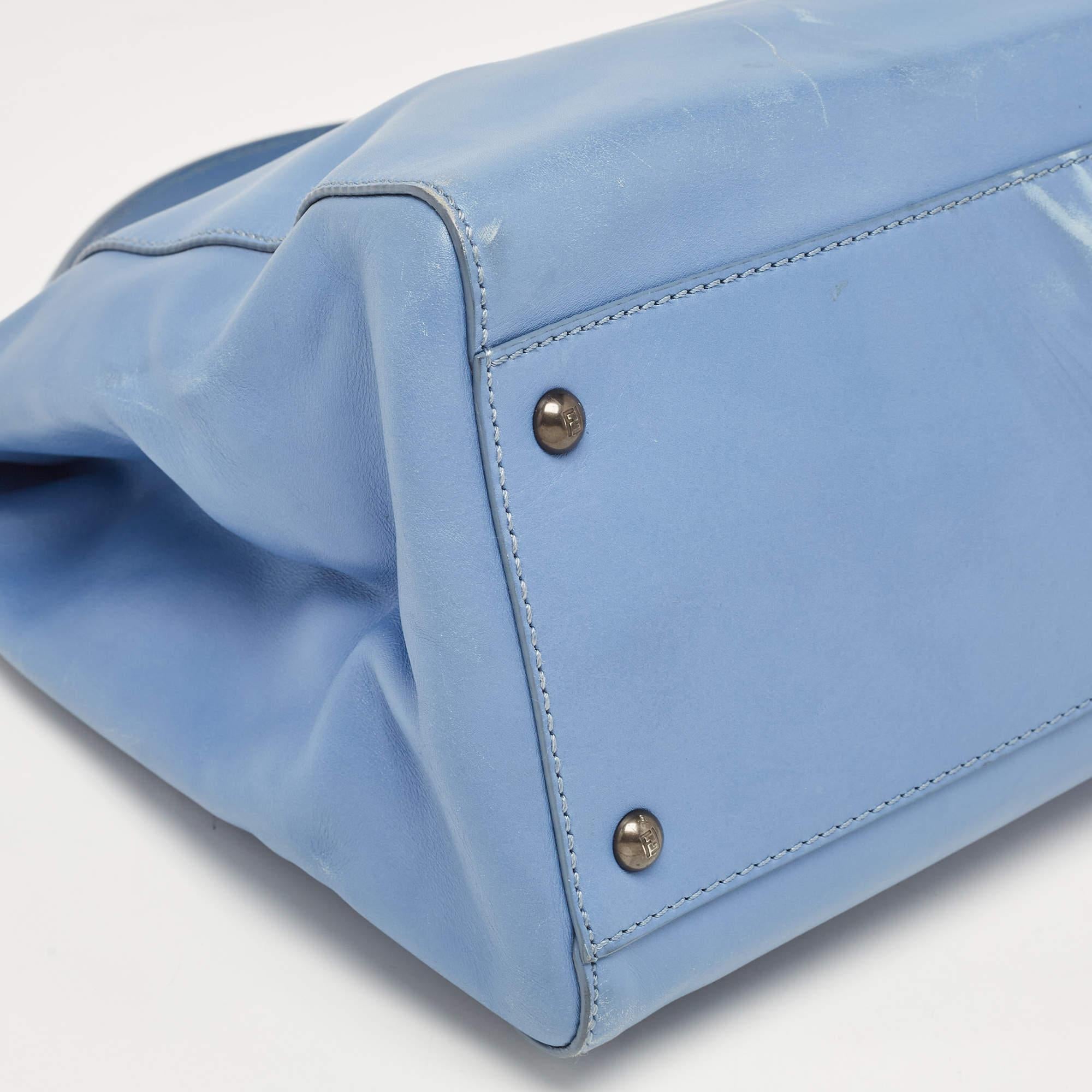 Fendi Blue Leather Large Peekaboo Top Handle Bag For Sale 2