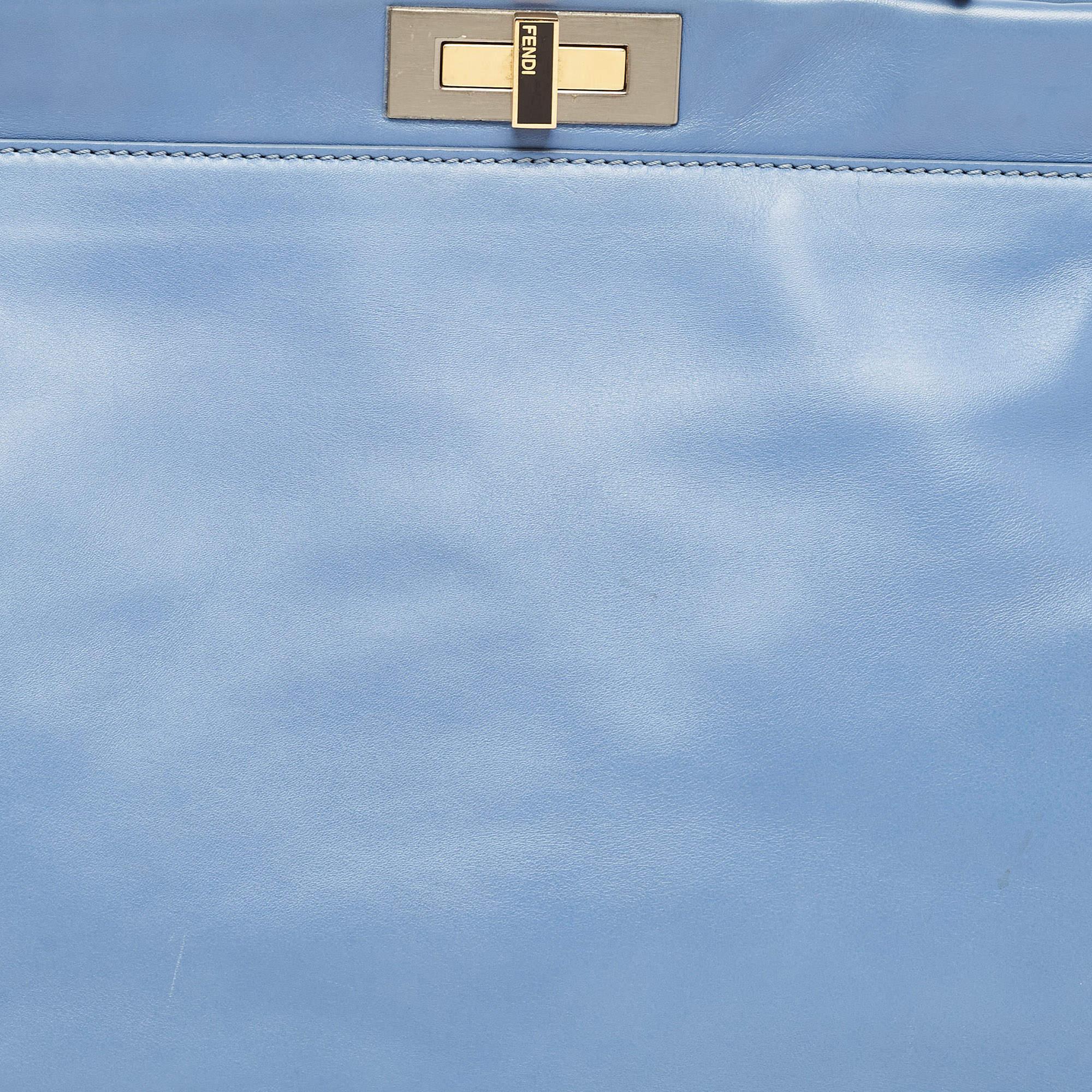 Fendi Blue Leather Large Peekaboo Top Handle Bag For Sale 4