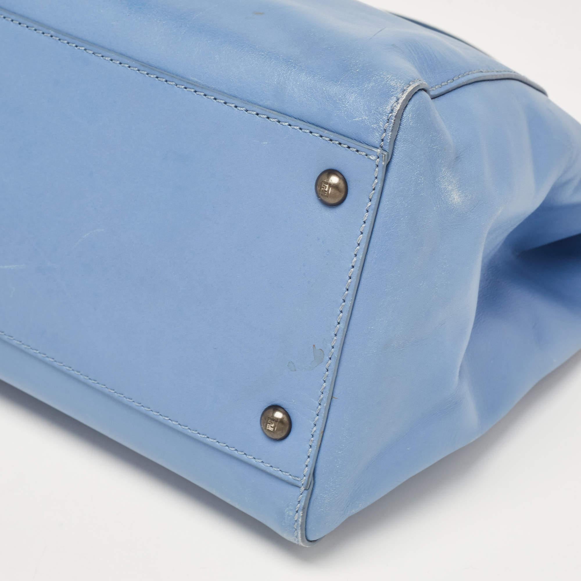 Fendi Blue Leather Large Peekaboo Top Handle Bag For Sale 5