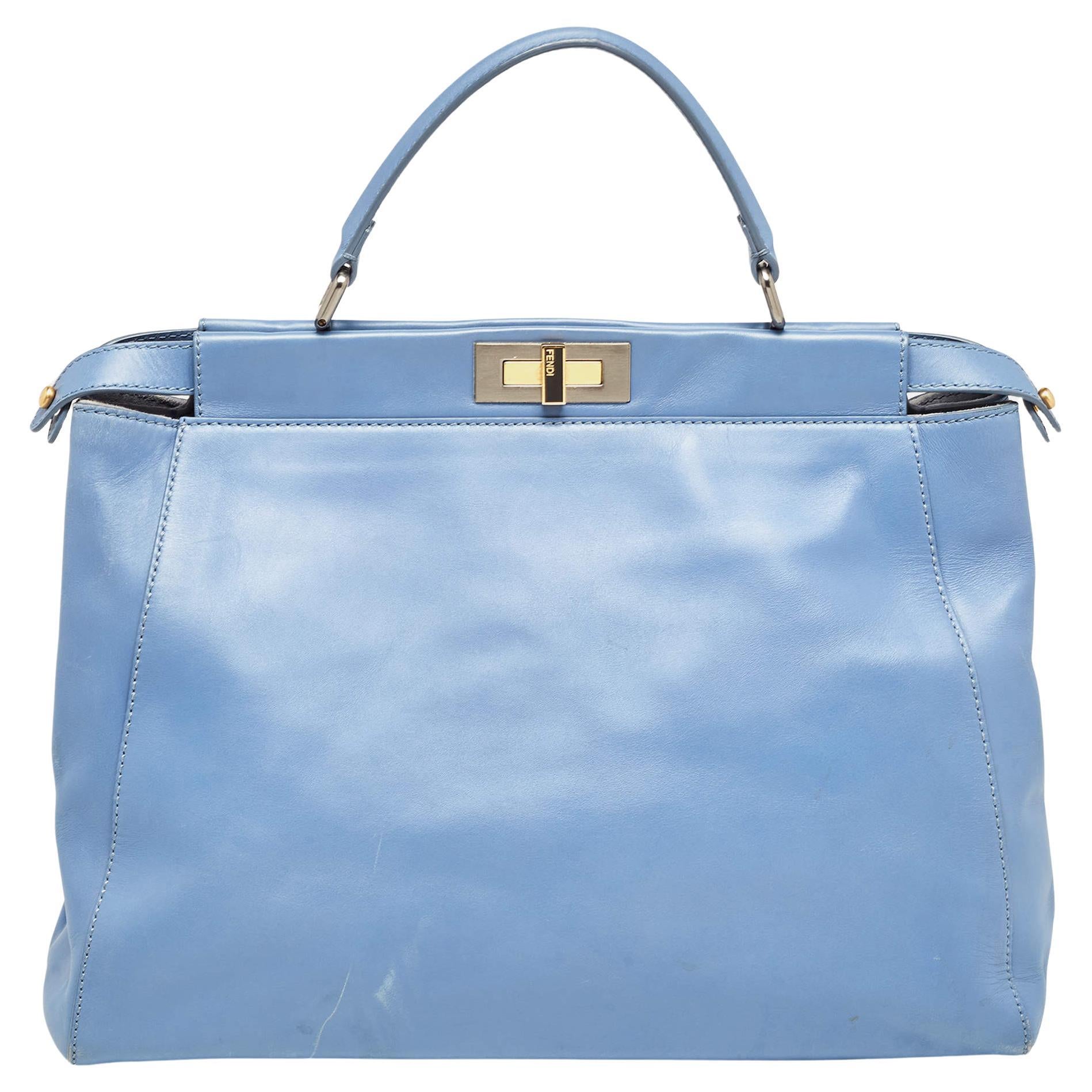 Fendi Blue Leather Large Peekaboo Top Handle Bag For Sale