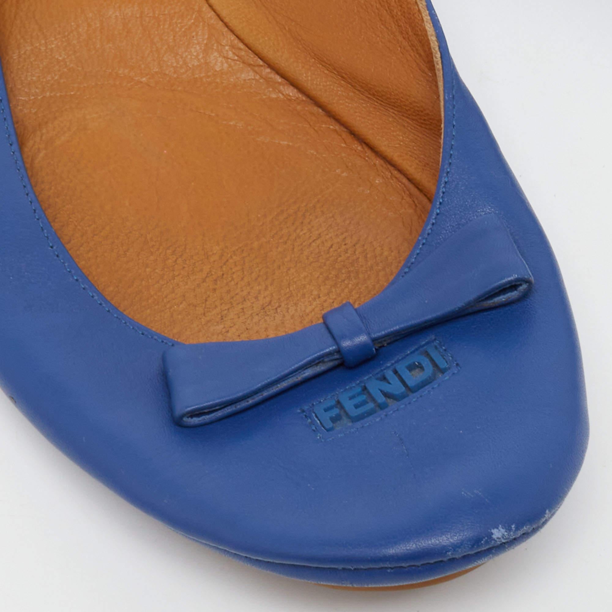 Fendi Blue Leather Let's Dance Bow Ballet Flats Size 39.5 For Sale 3