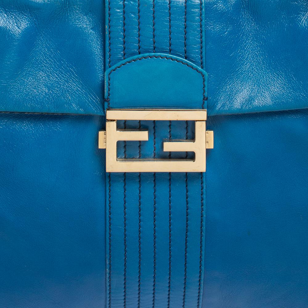 Women's Fendi Blue Leather Maxi Baguette Flap Shoulder Bag
