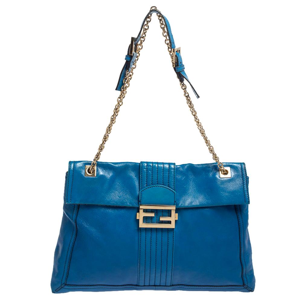 Fendi Blue Leather Maxi Baguette Flap Shoulder Bag