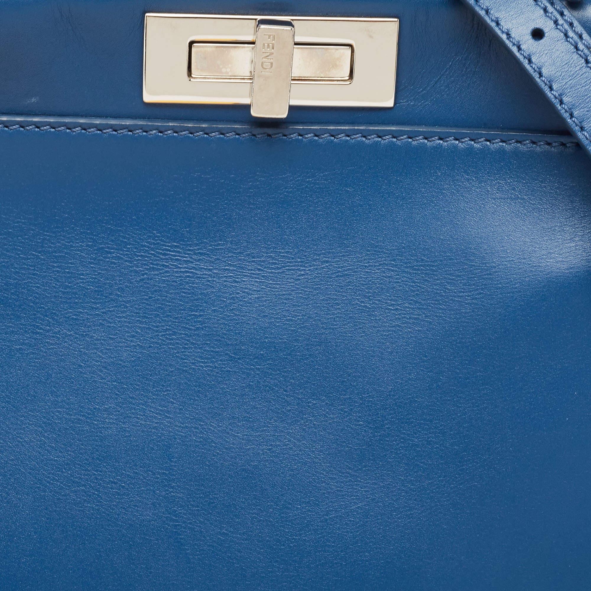 Fendi Blue Leather Medium Peekaboo Top Handle Bag For Sale 6