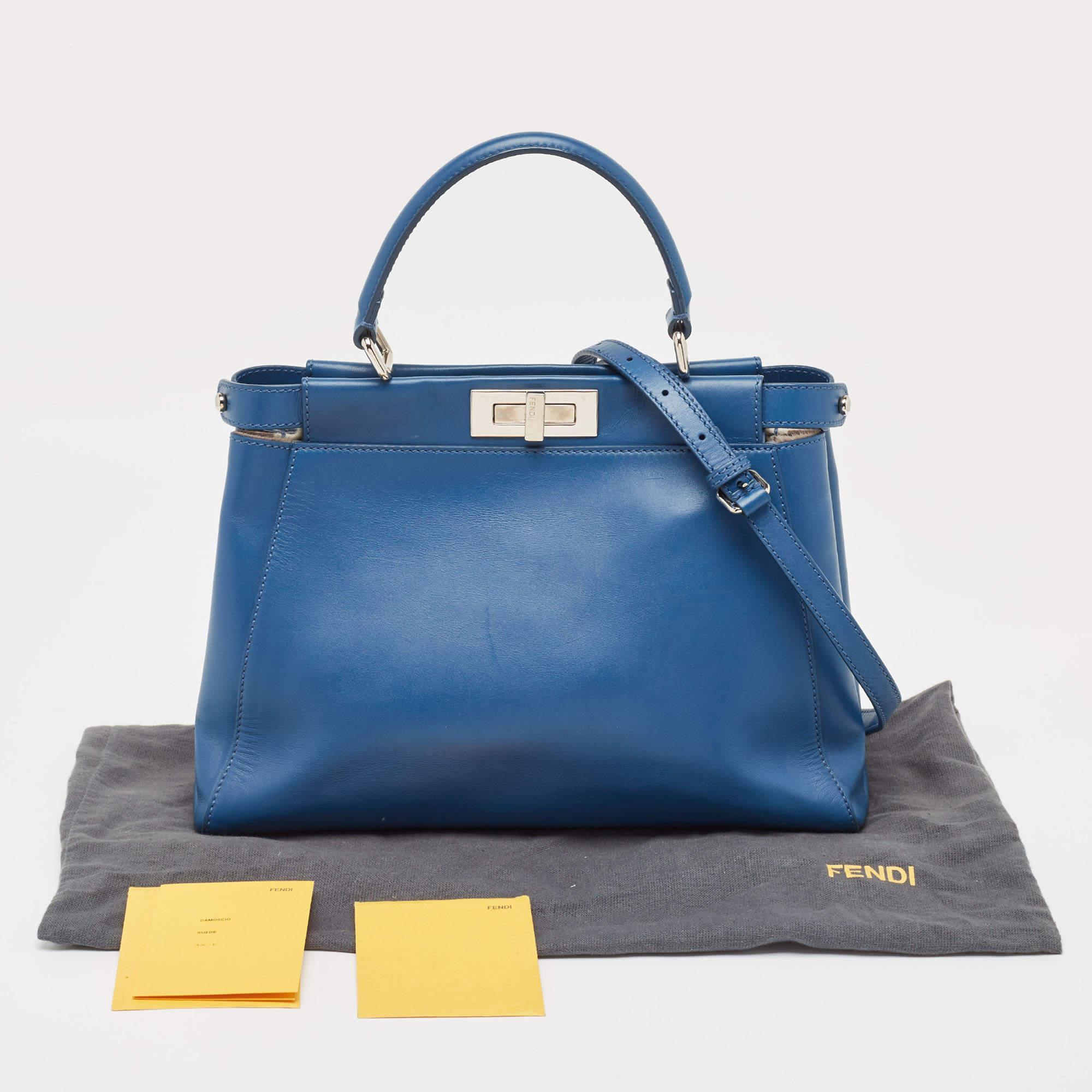 Fendi Blue Leather Medium Peekaboo Top Handle Bag For Sale 7