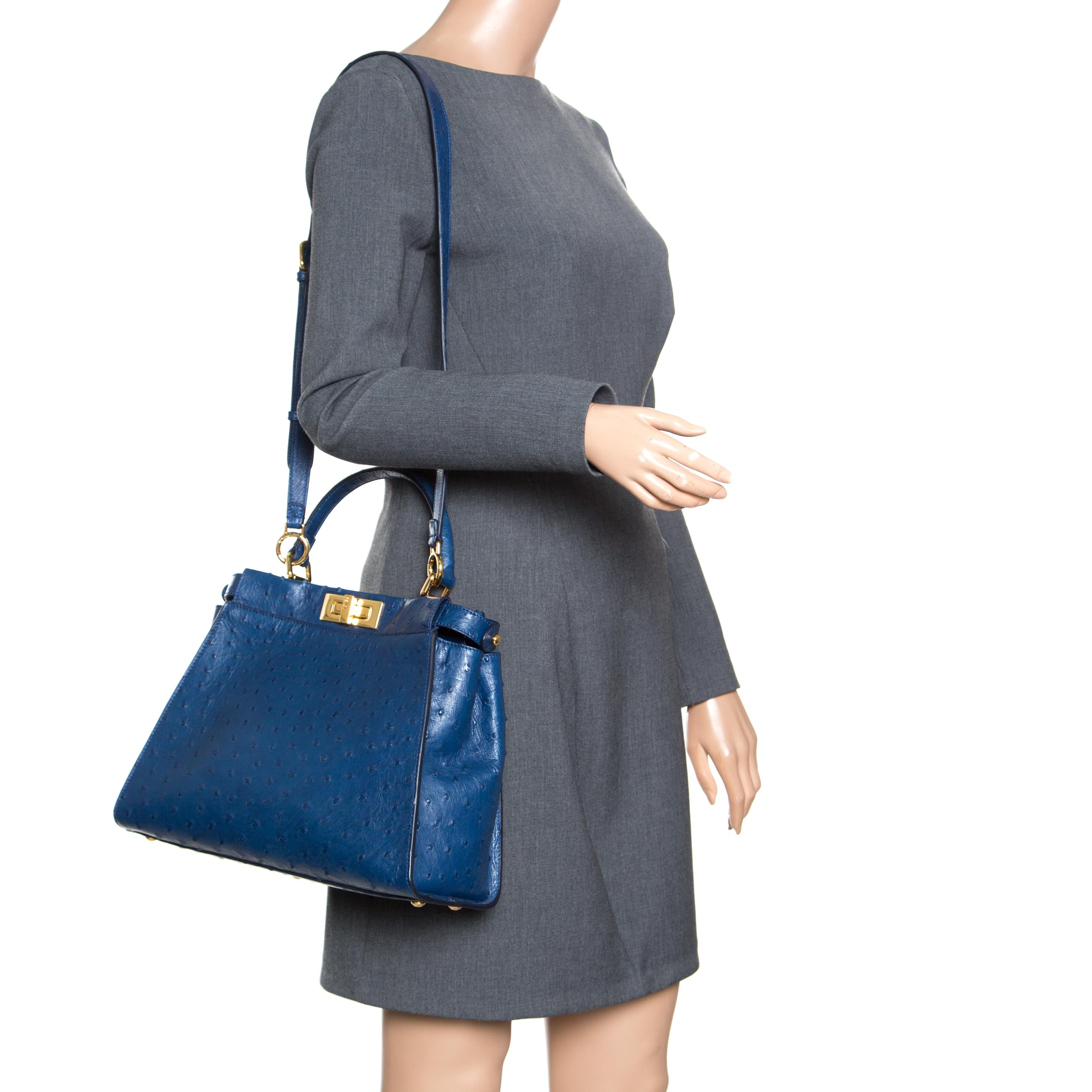 Fendi Blue Leather Medium Peekaboo Top Handle Bag In Excellent Condition In Dubai, Al Qouz 2