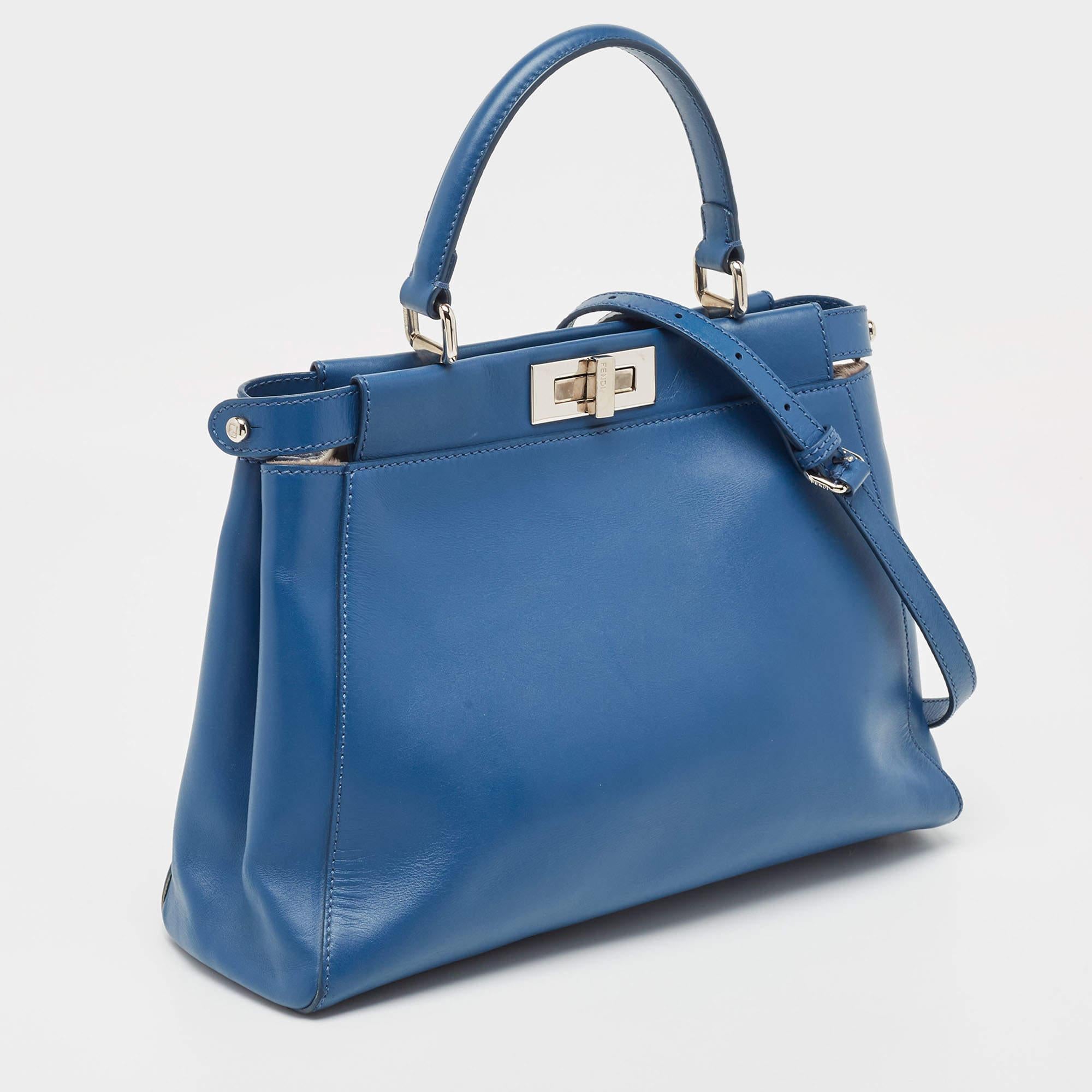 Fendi Blue Leather Medium Peekaboo Top Handle Bag In Good Condition For Sale In Dubai, Al Qouz 2