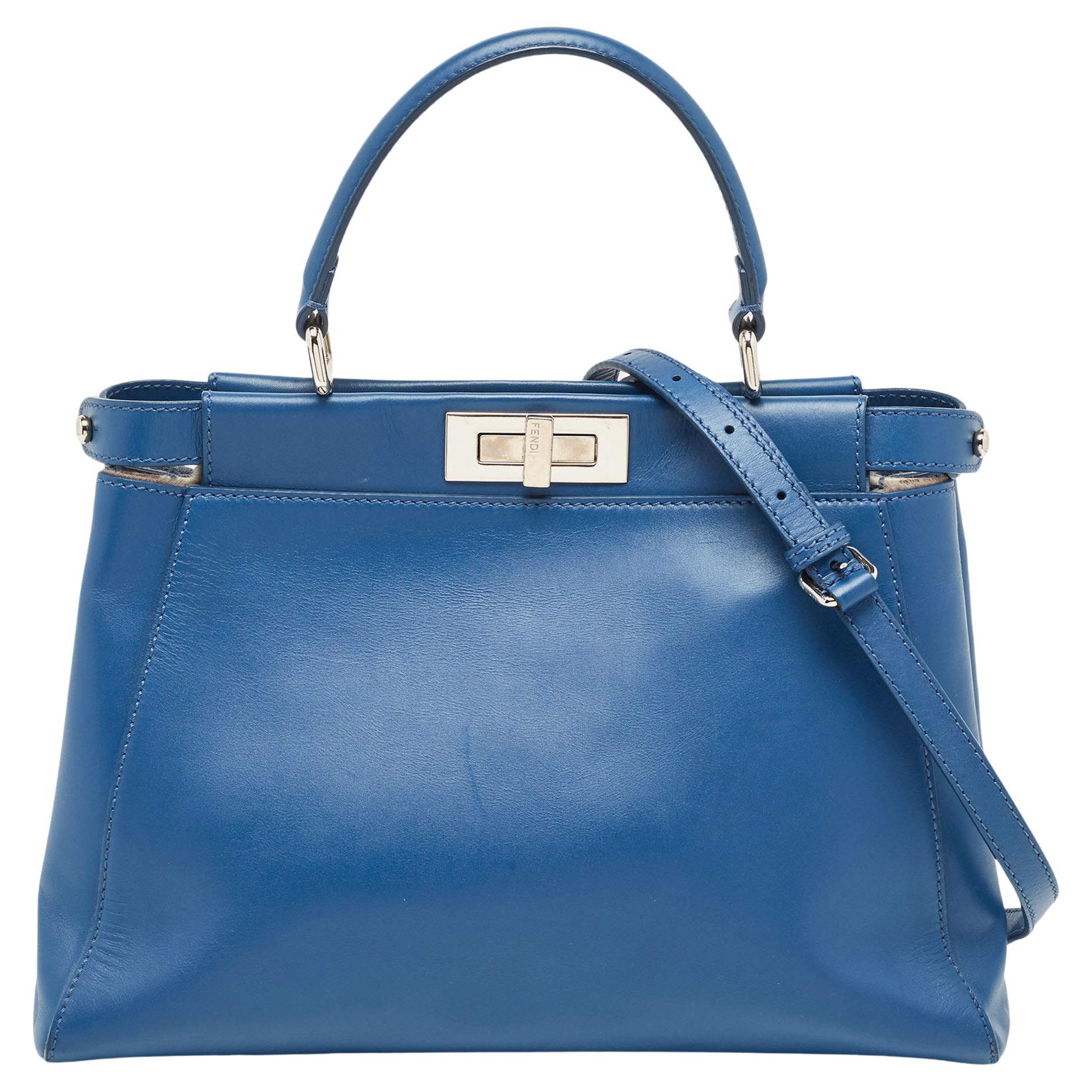 Fendi Blue Leather Medium Peekaboo Top Handle Bag For Sale