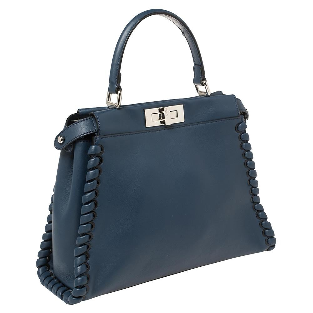 Fendi Blue Leather Medium Whipstitched Peekaboo Top Handle Bag In Good Condition In Dubai, Al Qouz 2