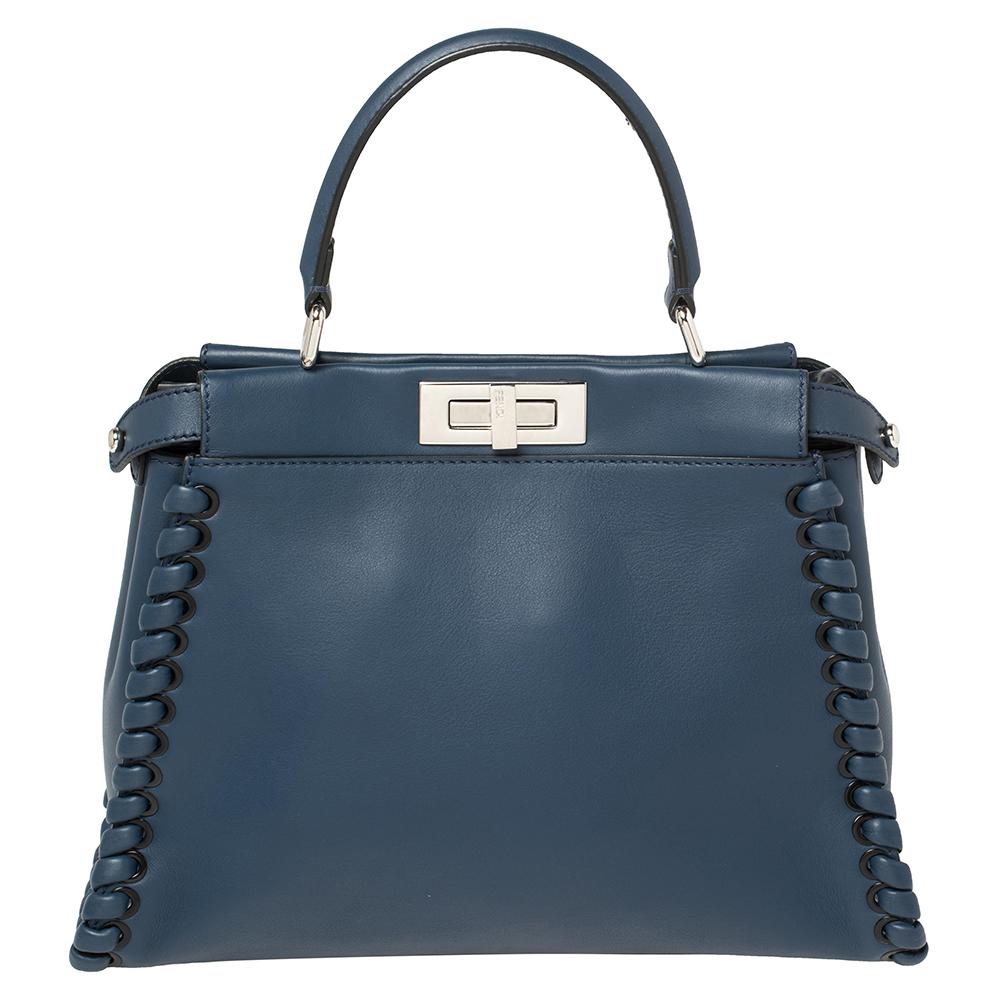 Women's Fendi Blue Leather Medium Whipstitched Peekaboo Top Handle Bag