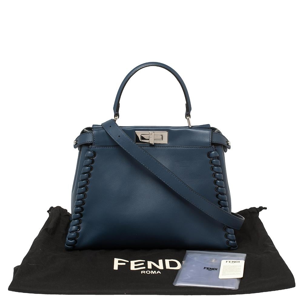 Fendi Blue Leather Medium Whipstitched Peekaboo Top Handle Bag 5