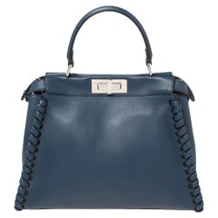 Fendi Blue Leather Medium Whipstitched Peekaboo Top Handle Bag