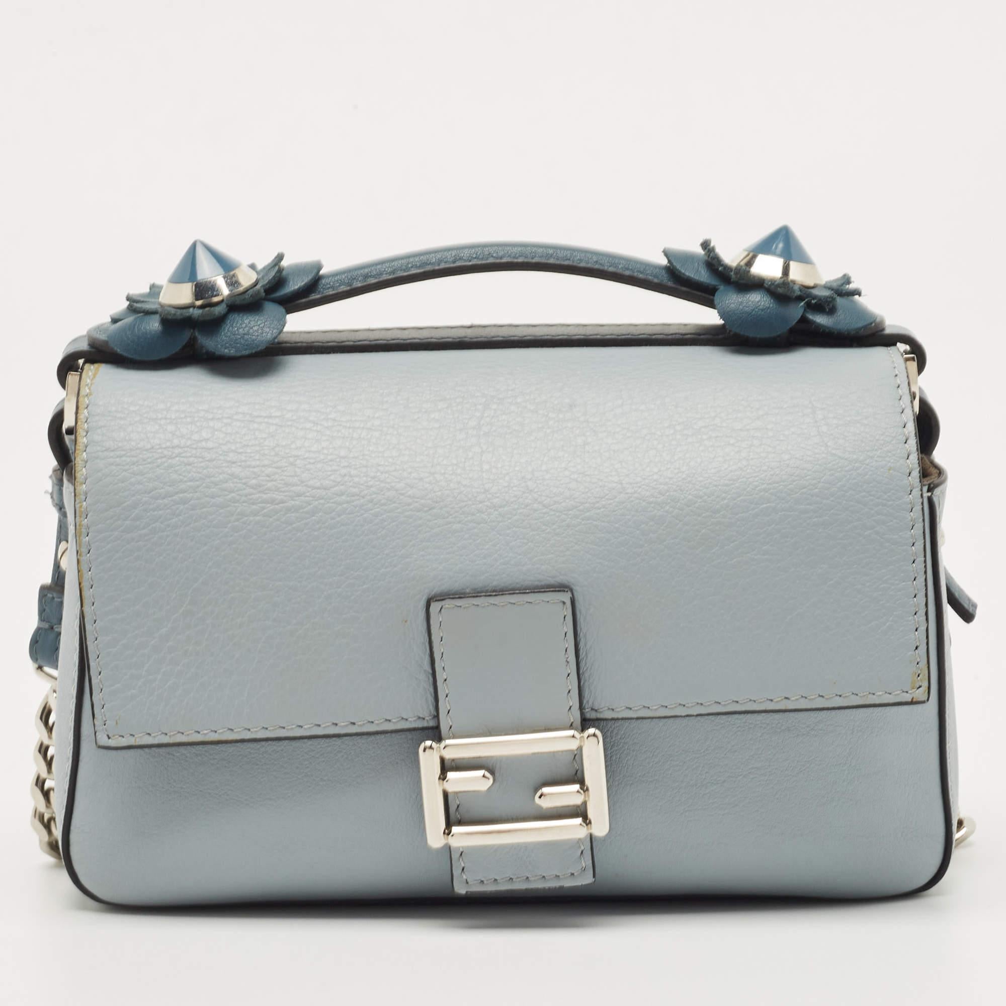 Fendi Blue Leather Micro Flowerland Double Baguette Bag In Good Condition In Dubai, Al Qouz 2