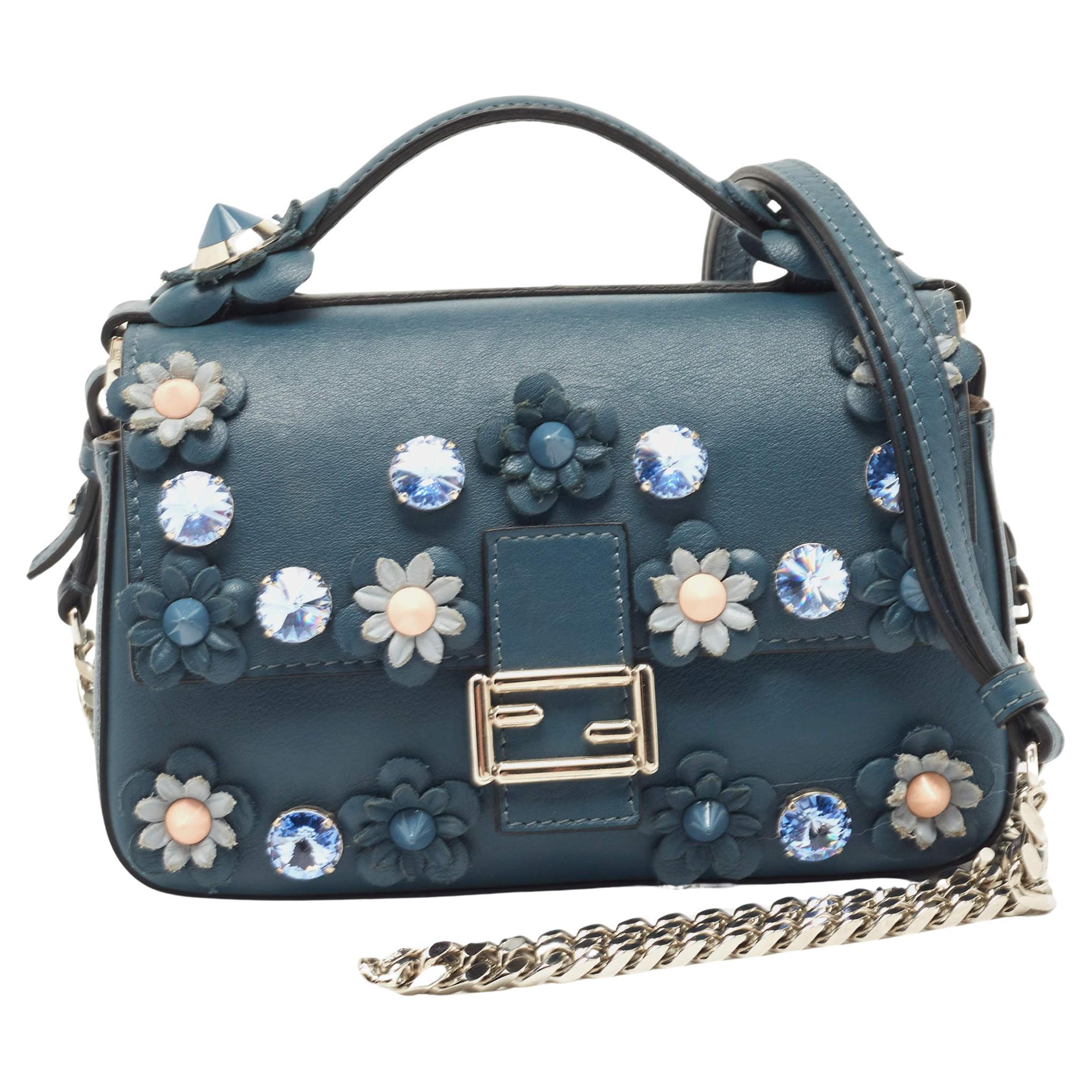 Fendi Blue Leather Micro Flowerland Double Baguette Bag